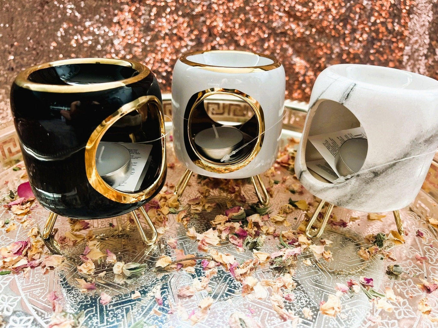 Round Oil Burner with Elegant Gold-Colored Details - Amazighrose