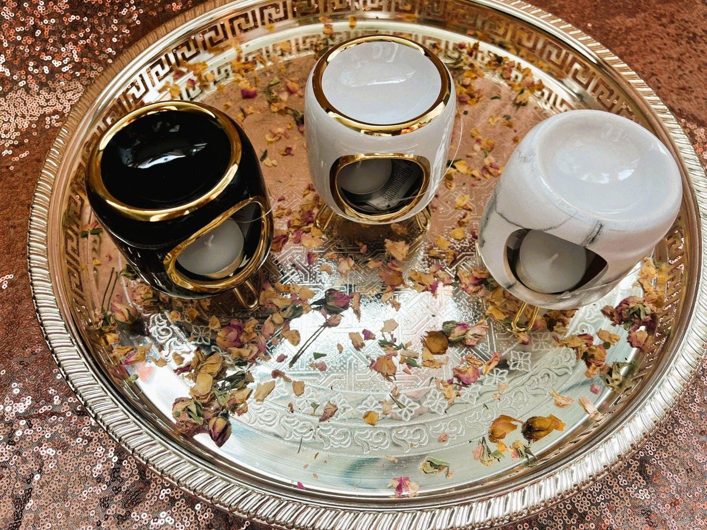 Round Oil Burner with Elegant Gold-Colored Details - Amazighrose