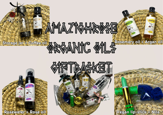 Amazighrose Organic Oil Giftbasket with Rosemary oil, Argan oil, Vegan Lip-stick, Nila Rocks, Rose water, Rose oil, and Storage Jar