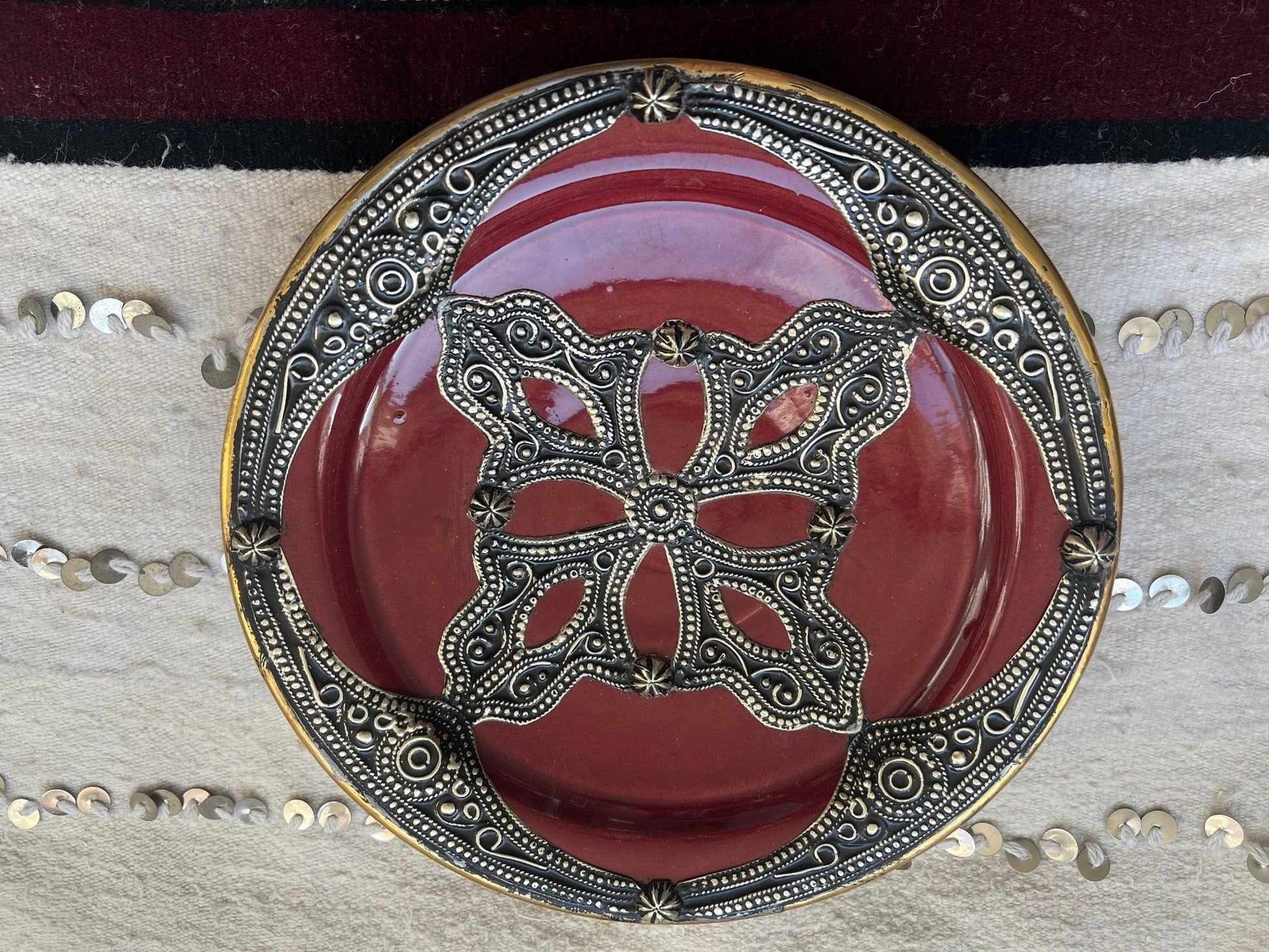 Handmade ceramic Moroccan plate with metal details