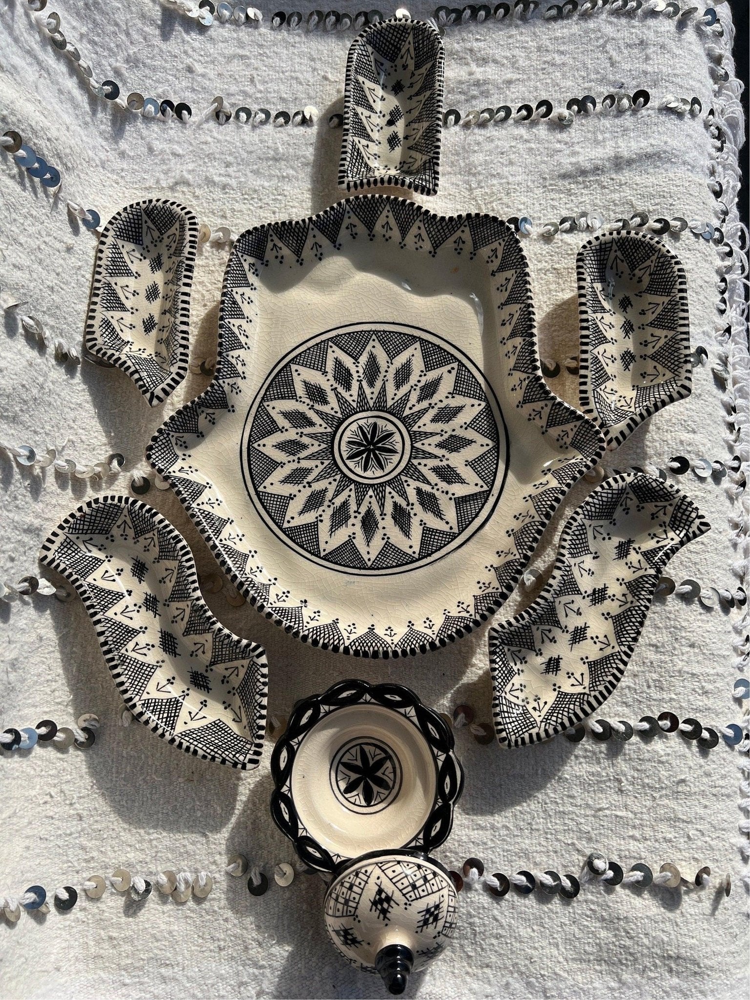 Moroccan Ceramic Khmissa Tapas Set: Black Fessi-Style - Amazighrose