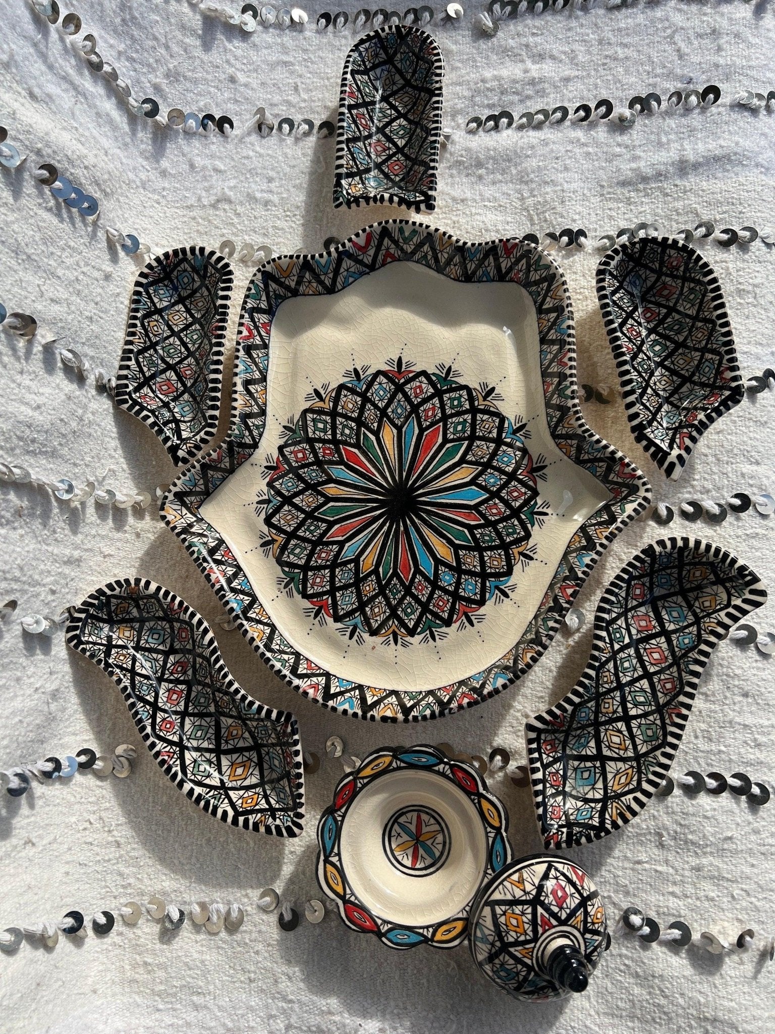 Moroccan Ceramic Khmissa Tapas Set: Black multicolor Asfi-style - Amazighrose