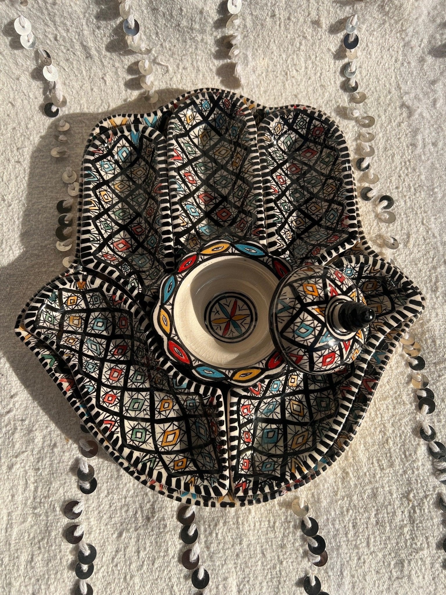 Moroccan Ceramic Khmissa Tapas Set: Black multicolor Asfi-style - Amazighrose