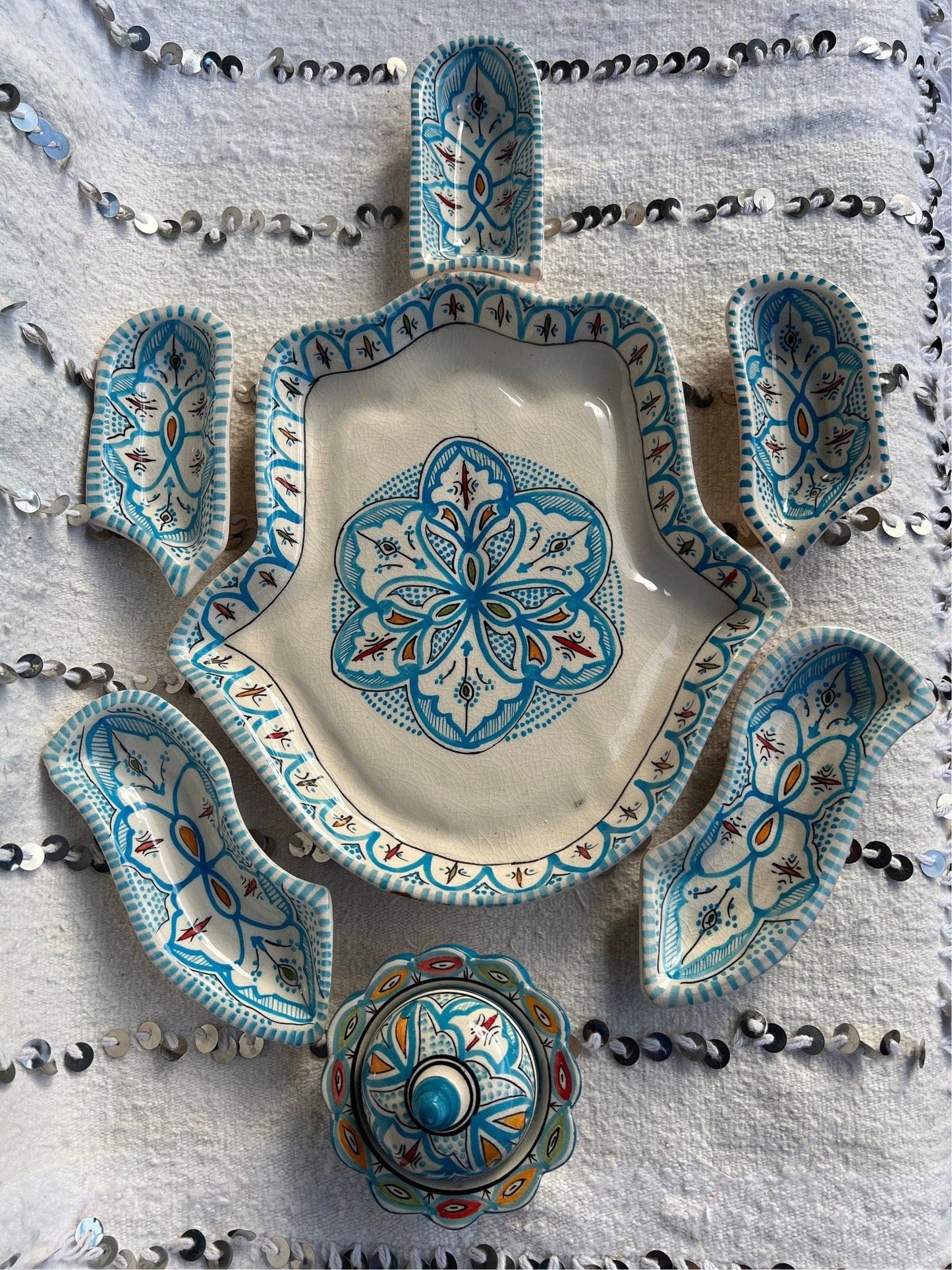 Moroccan Ceramic Khmissa Tapas Set: Blue Henna-Style - Amazighrose