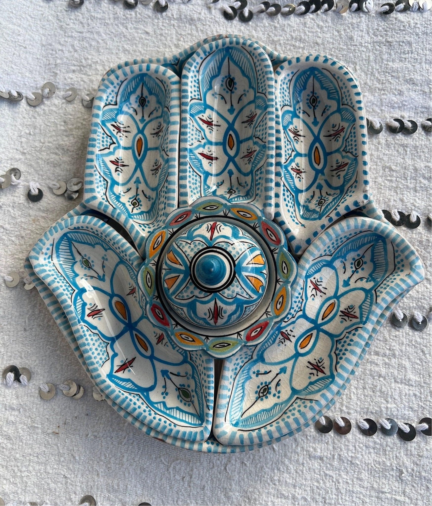 Moroccan Ceramic Khmissa Tapas Set: Blue Henna-Style - Amazighrose