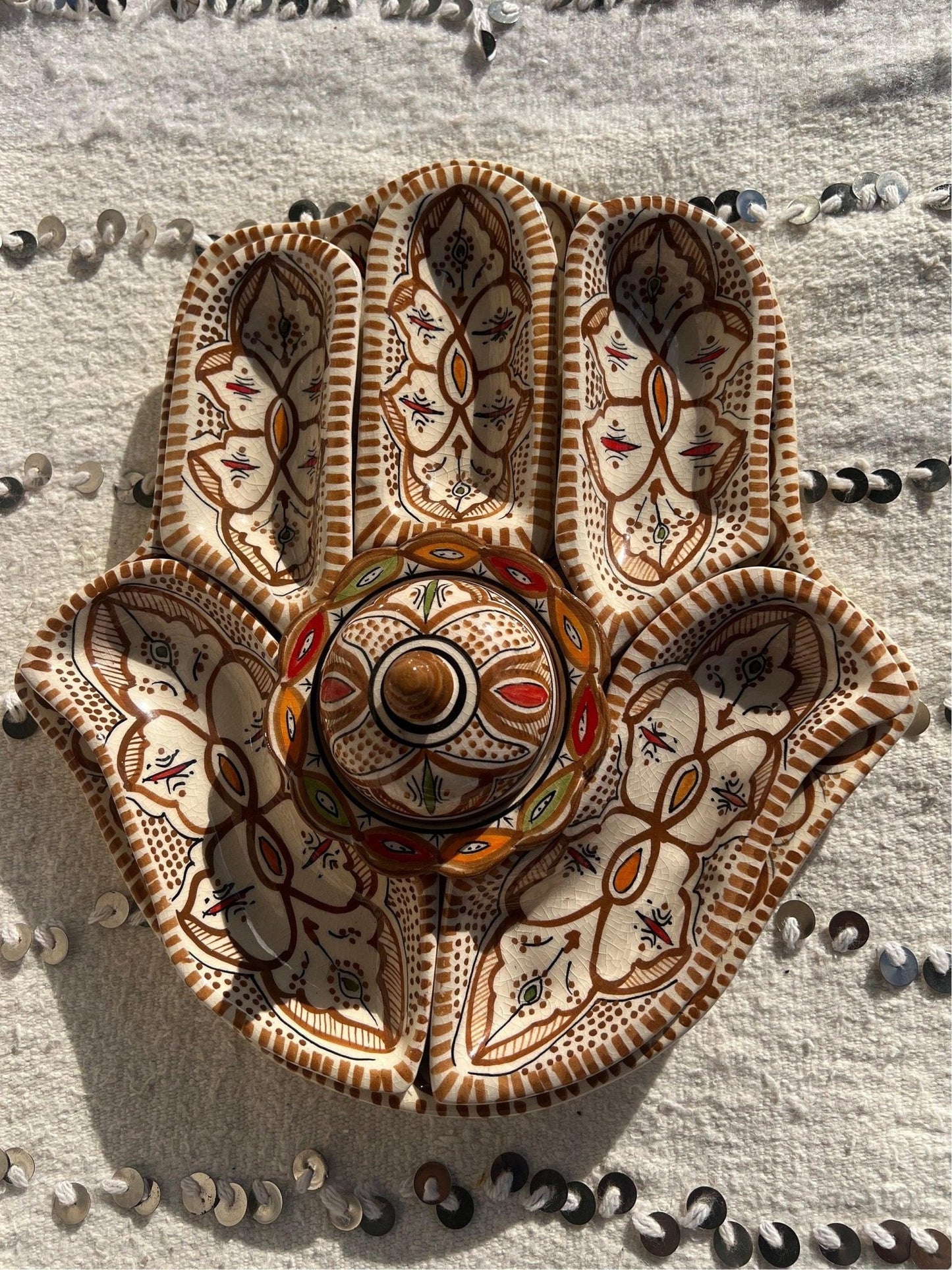 Moroccan Ceramic Khmissa Tapas Set: Brown Henna-Style - Amazighrose