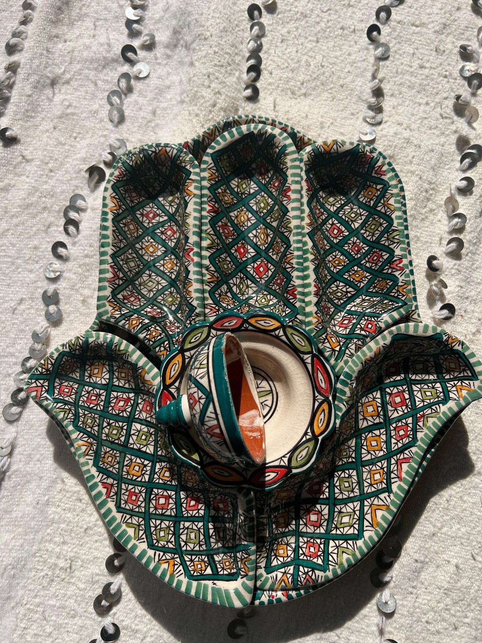 Moroccan Ceramic Khmissa Tapas Set: Emerald Green Asfi-Style - Amazighrose