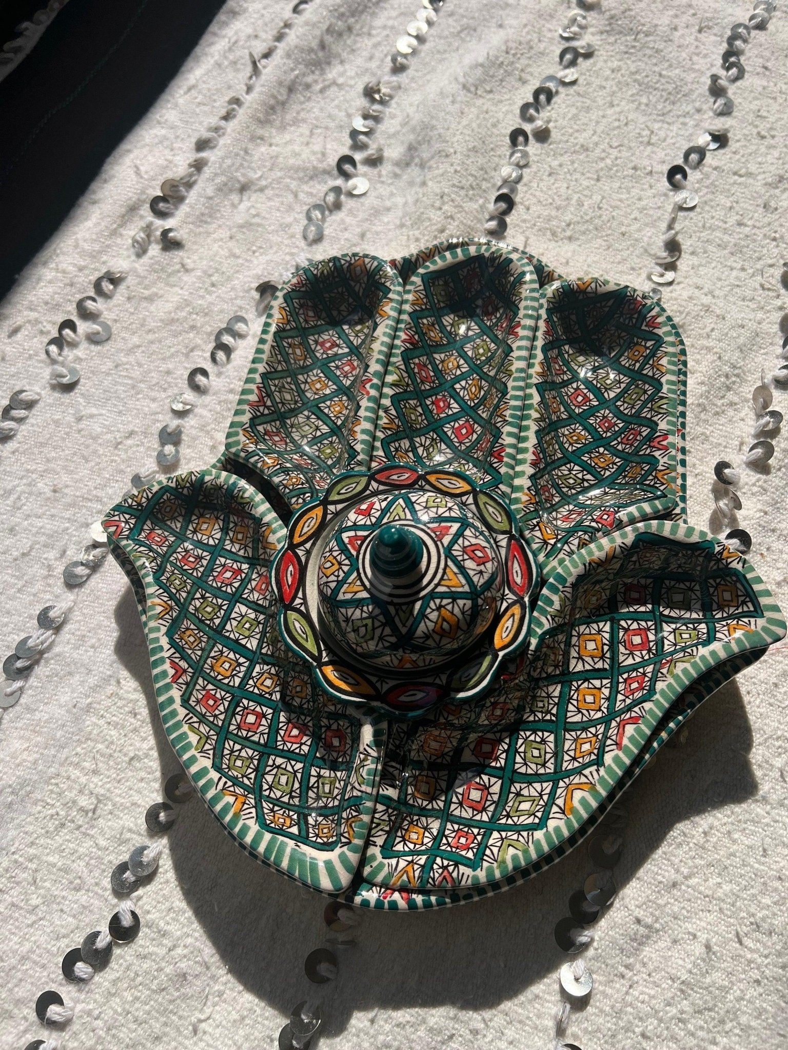Moroccan Ceramic Khmissa Tapas Set: Emerald Green Asfi-Style - Amazighrose