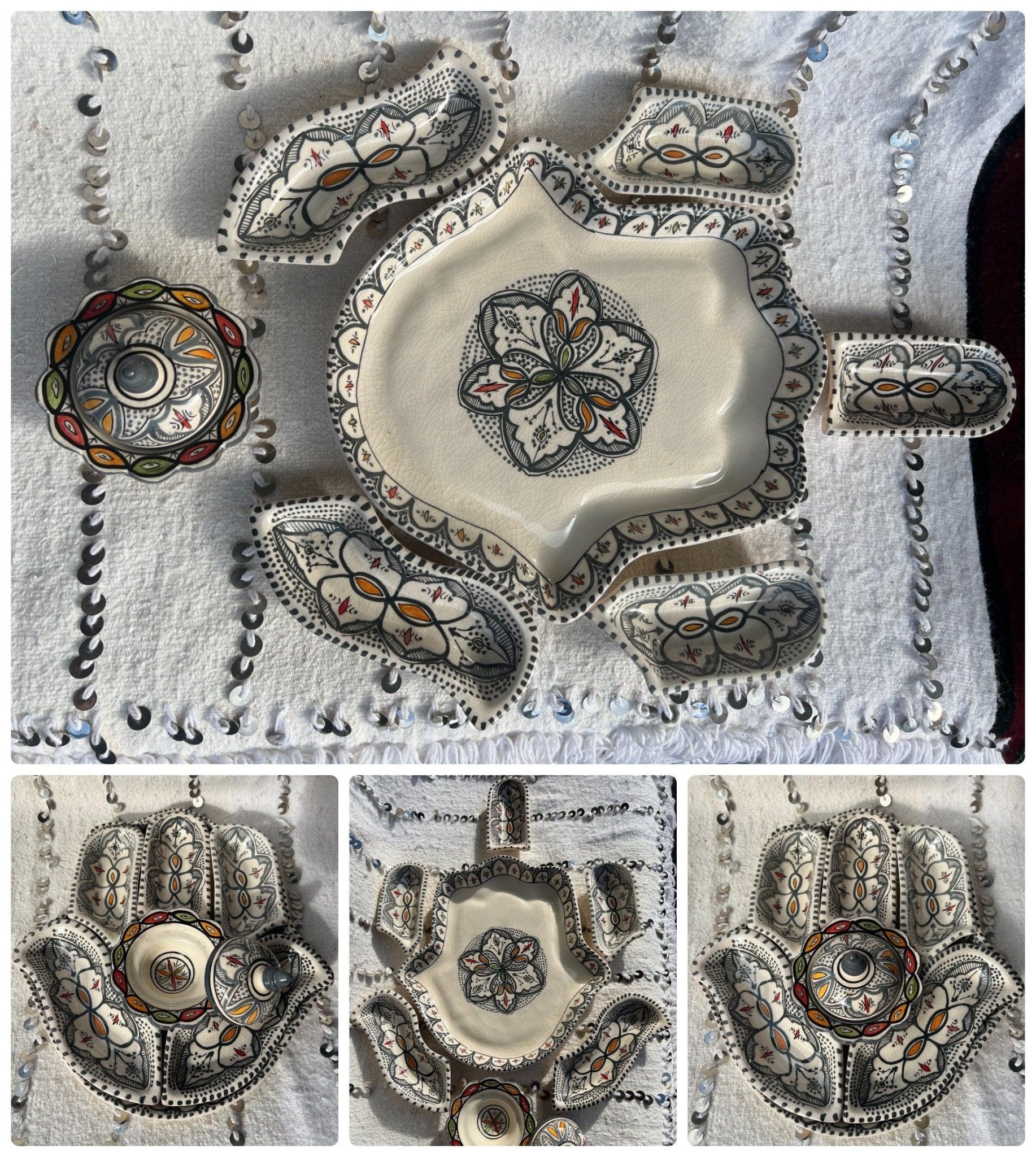 Moroccan Ceramic Khmissa Tapas Set: Gray Henna-Style - Amazighrose