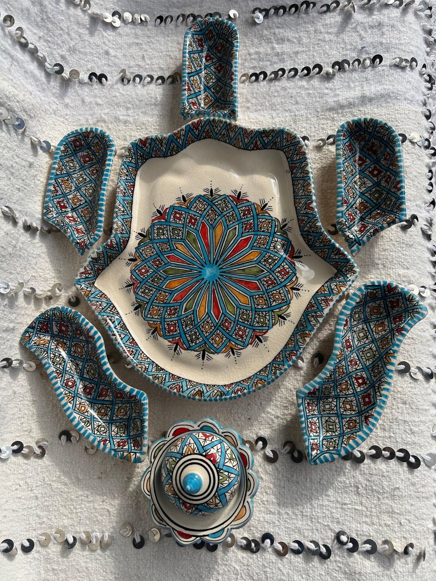 Moroccan Ceramic Khmissa Tapas Set: Light Blue Asfi-Style - Amazighrose