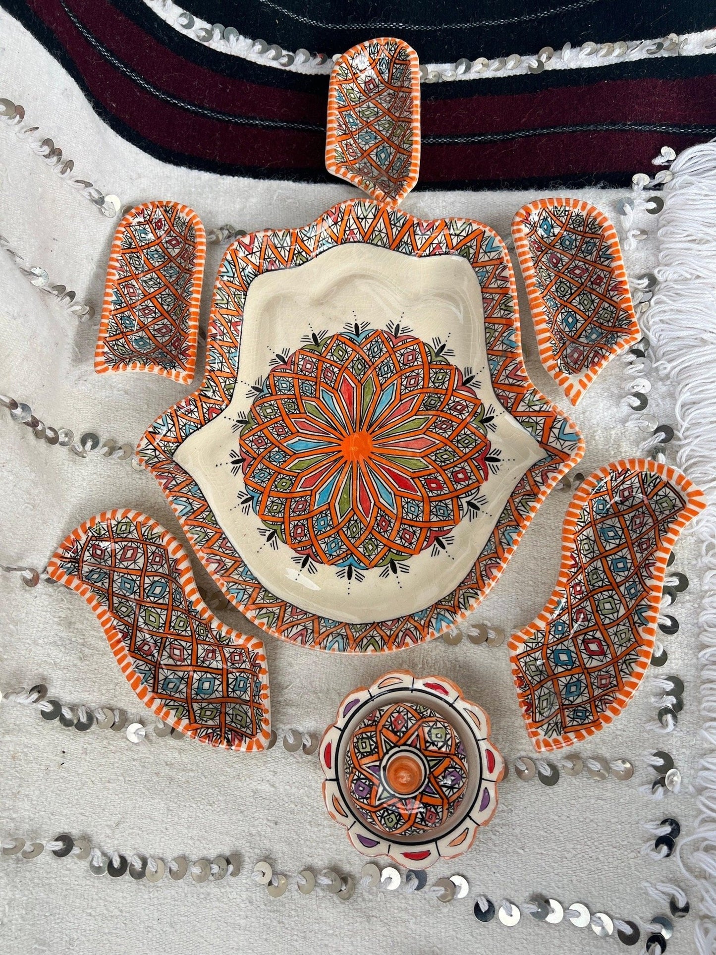 Moroccan Ceramic Khmissa Tapas Set: Orange Asfi-Style - Amazighrose