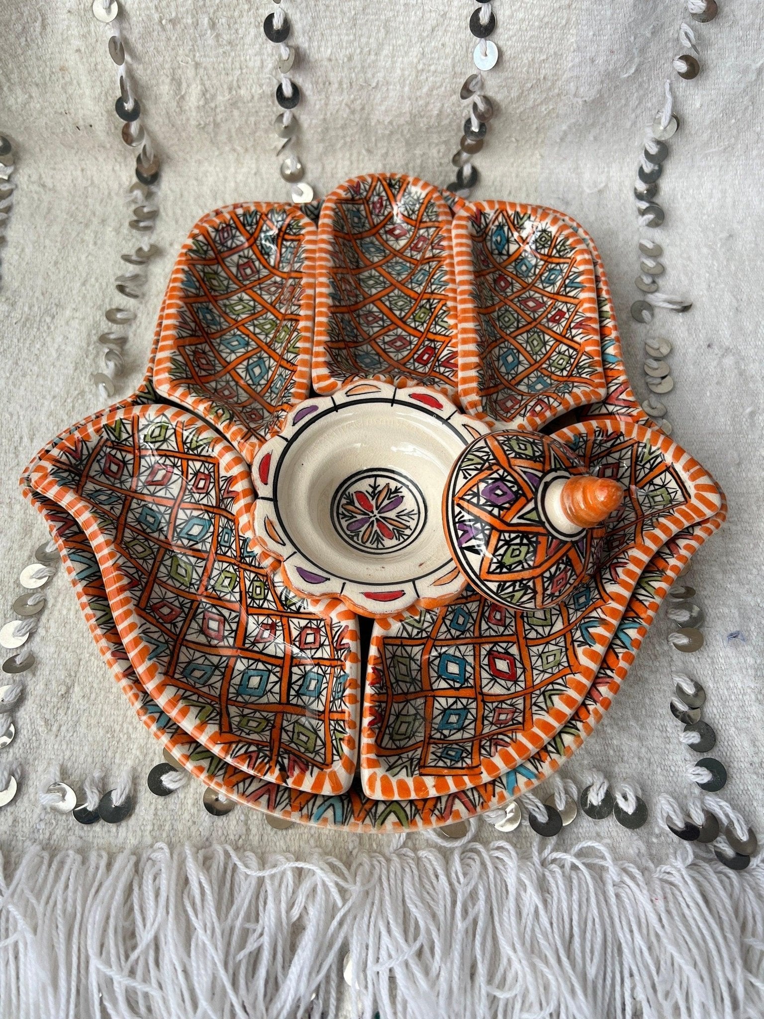 Moroccan Ceramic Khmissa Tapas Set: Orange Asfi-Style - Amazighrose