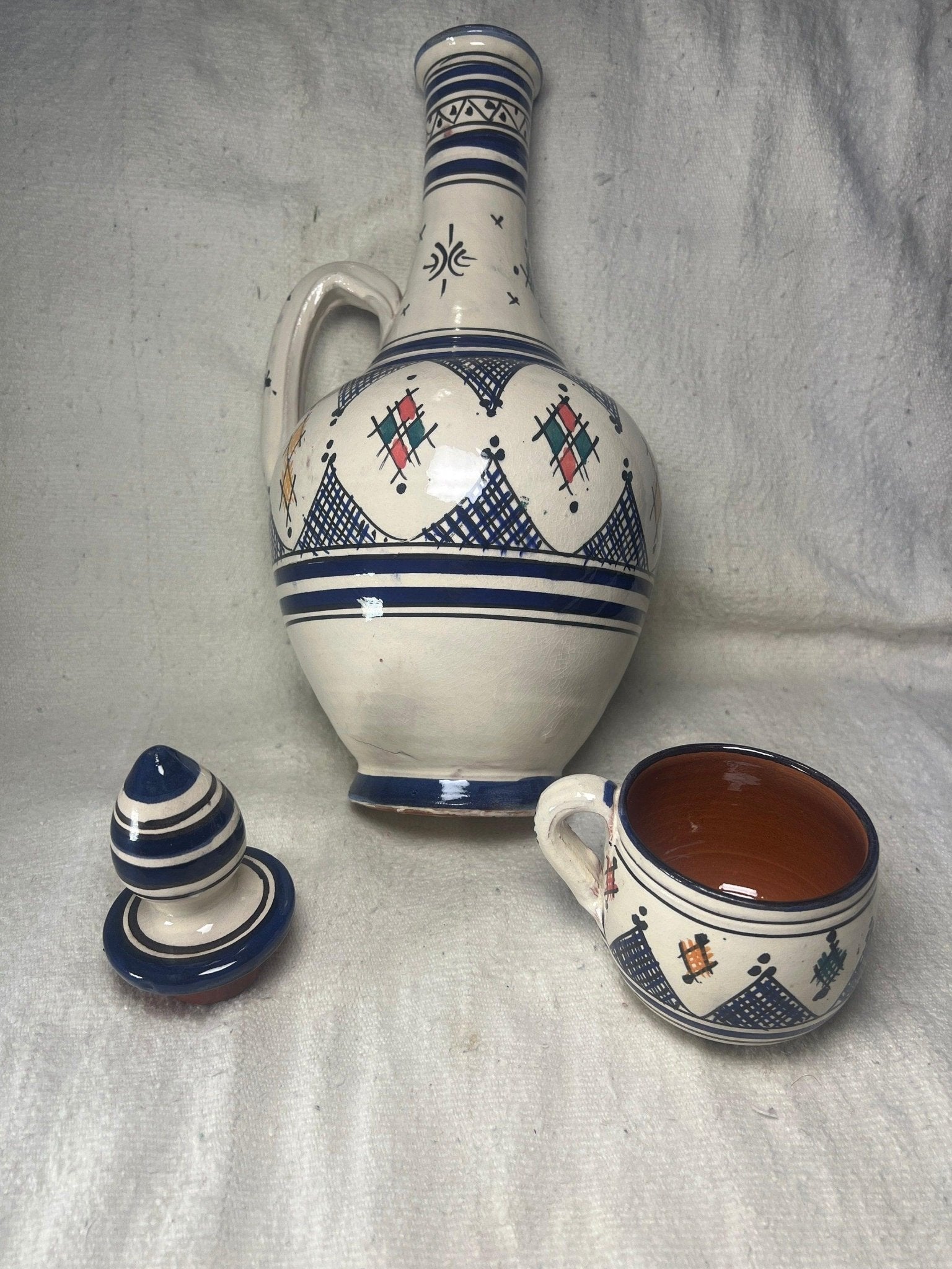 Moroccan traditional handmade Berber clay carafe with 1 matching Mug - Amazighrose